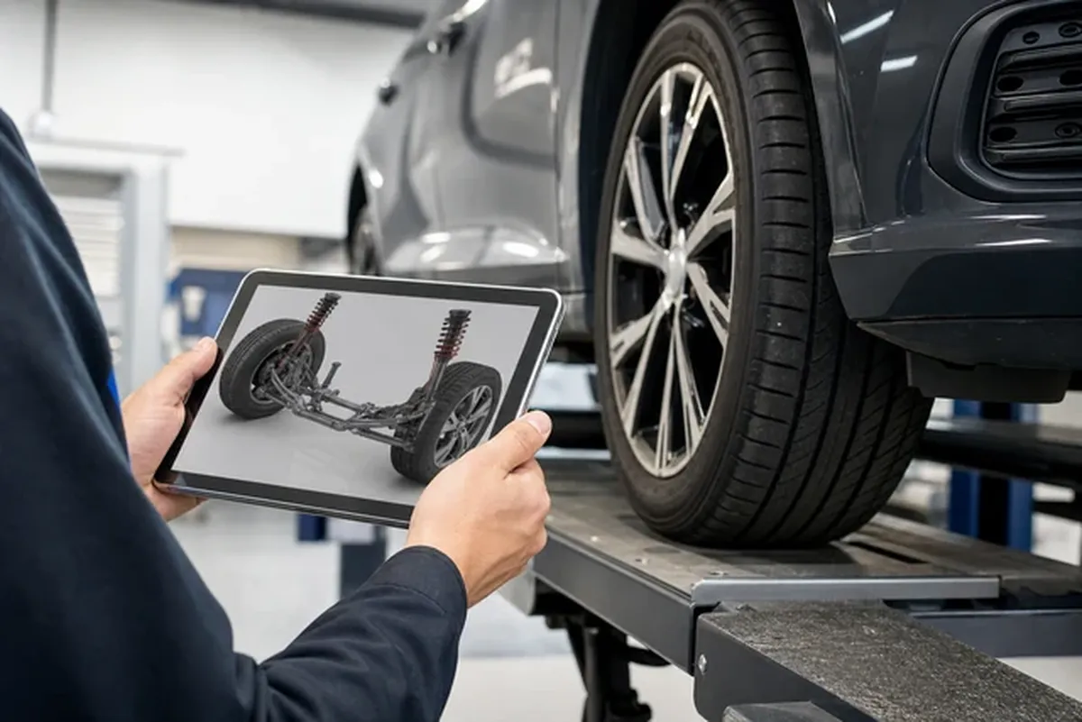 Tablet mit Fahrwerksdiagnose neben Fahrzeug auf Prüfstand